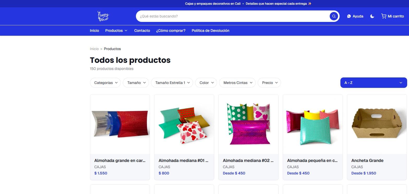 Catálogo real de Cajas Happy, con filtros y 150 productos, construido con este mismo enfoque